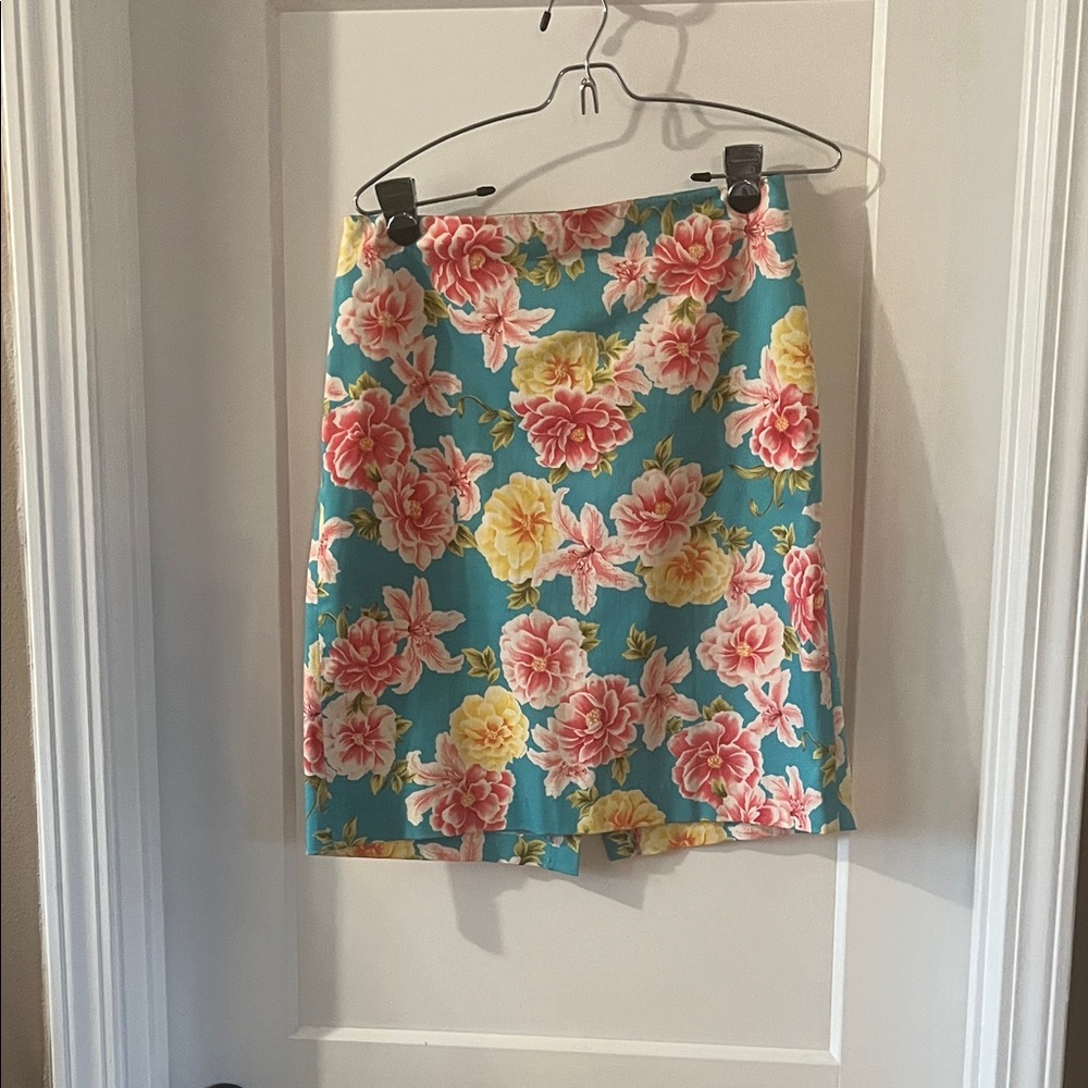 LAST CHANCE! Jones New York Teal Midi Skirt with Pink & Yellow Floral Print